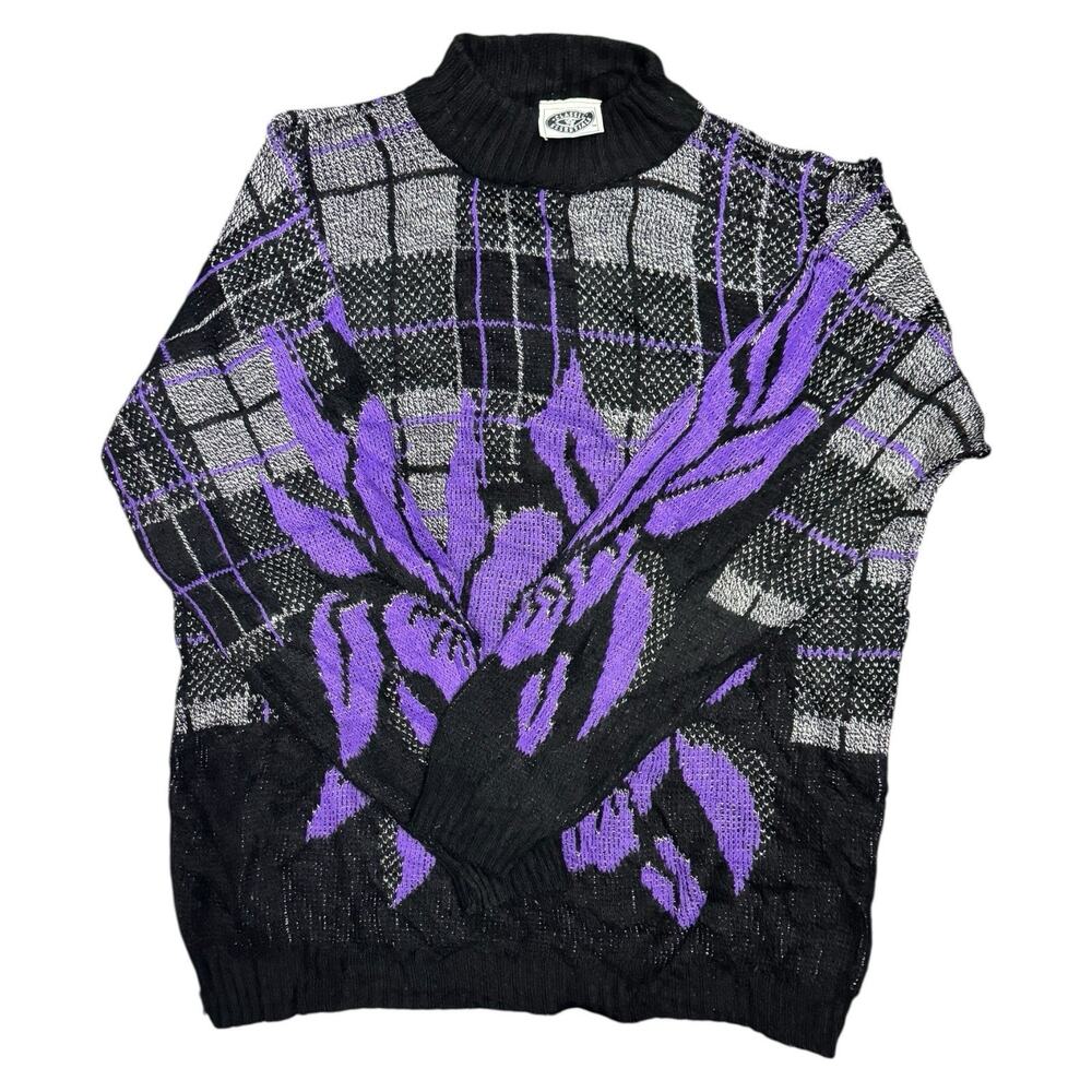 Classic Essentials Black Purple Mock Neck 80s Cosby Sweater Womens Size 10 USA